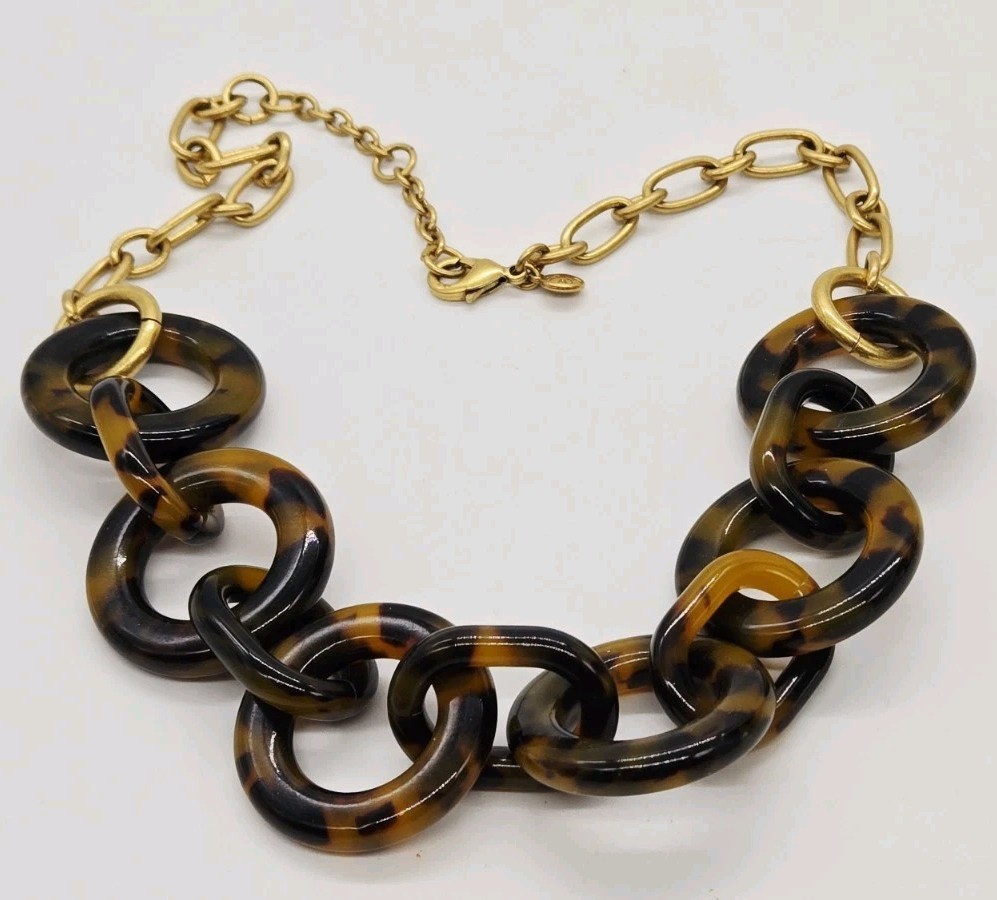 J.Crew Tortoise Shell Necklace Acrylic Chunky Chain Link Rings Gold tone 19 in