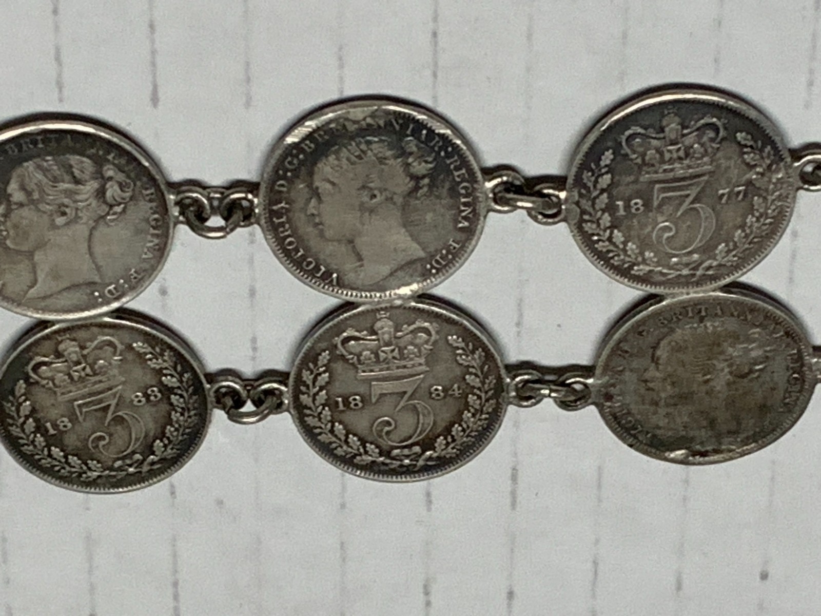 VINTAGE BRITISH COIN LINK BRACELET VICTORIAN ERA, 20-3 PENCE COINS 1873-1884