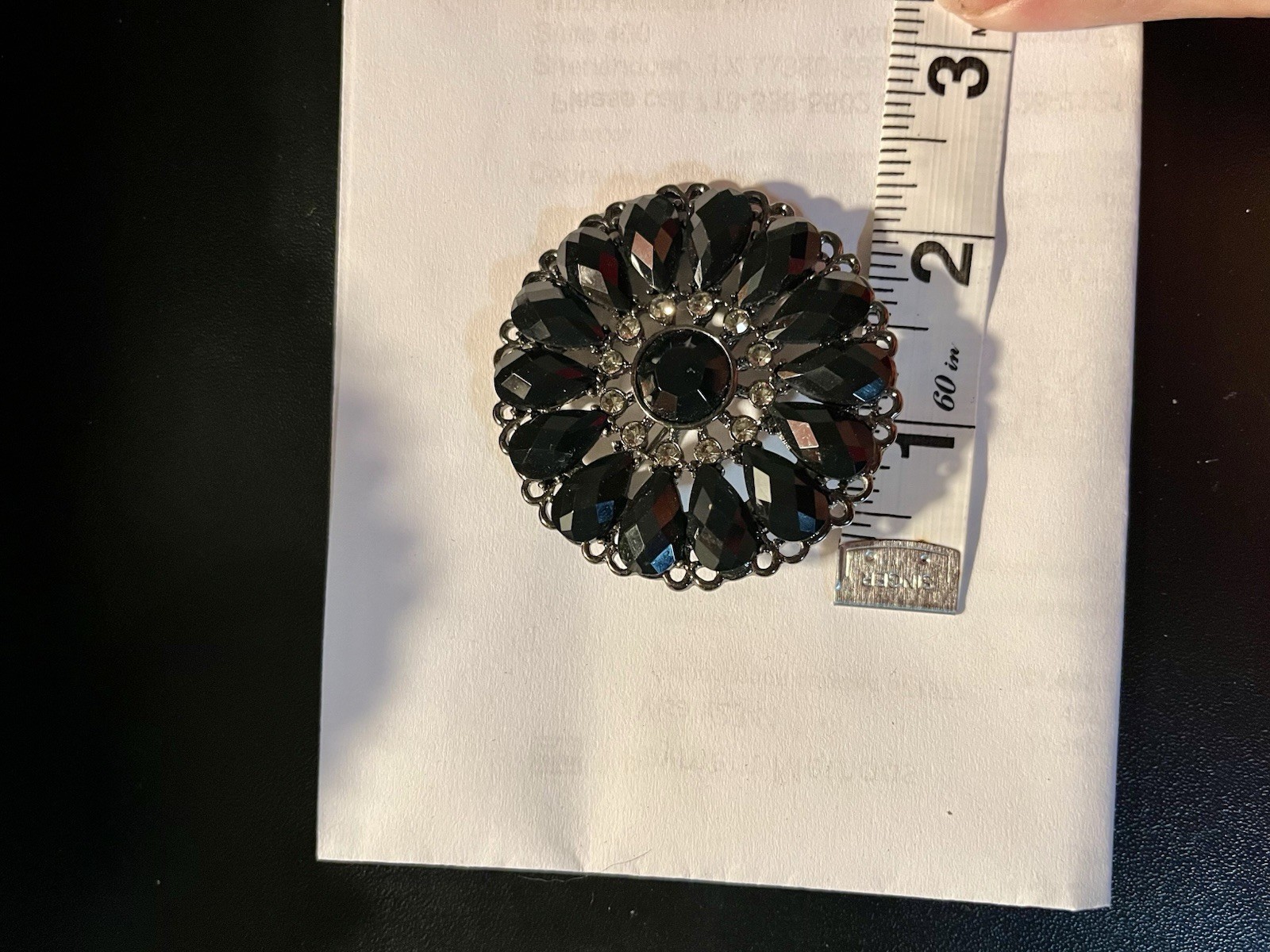 VTG Goth Flower Black Clear Rhinestone PREMIER DESIGN Mourning Brooch Pendant 2”