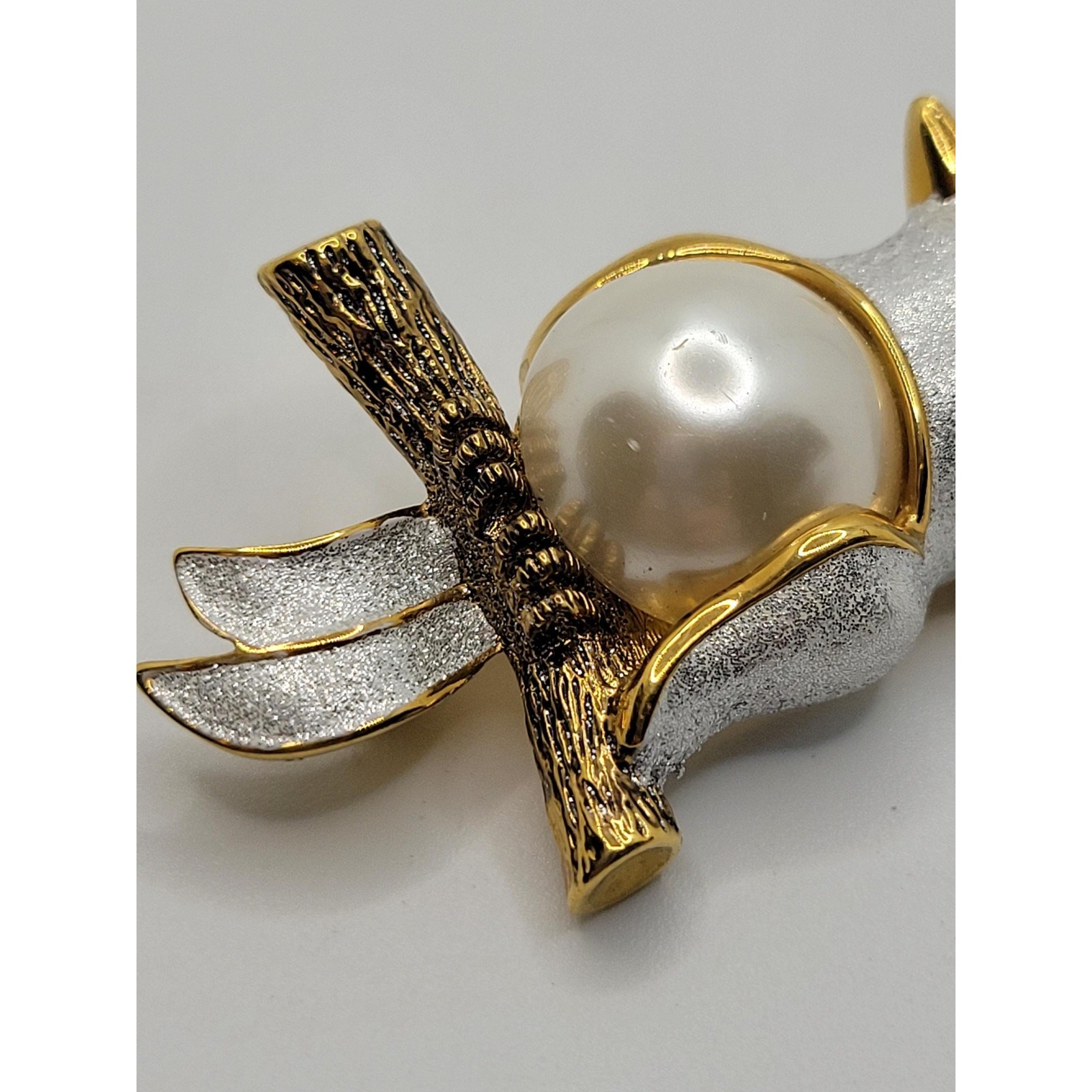 Vintage Butler Style Bird Pin Faux Pearl Belly Cabochon Figural 1980s Brooch