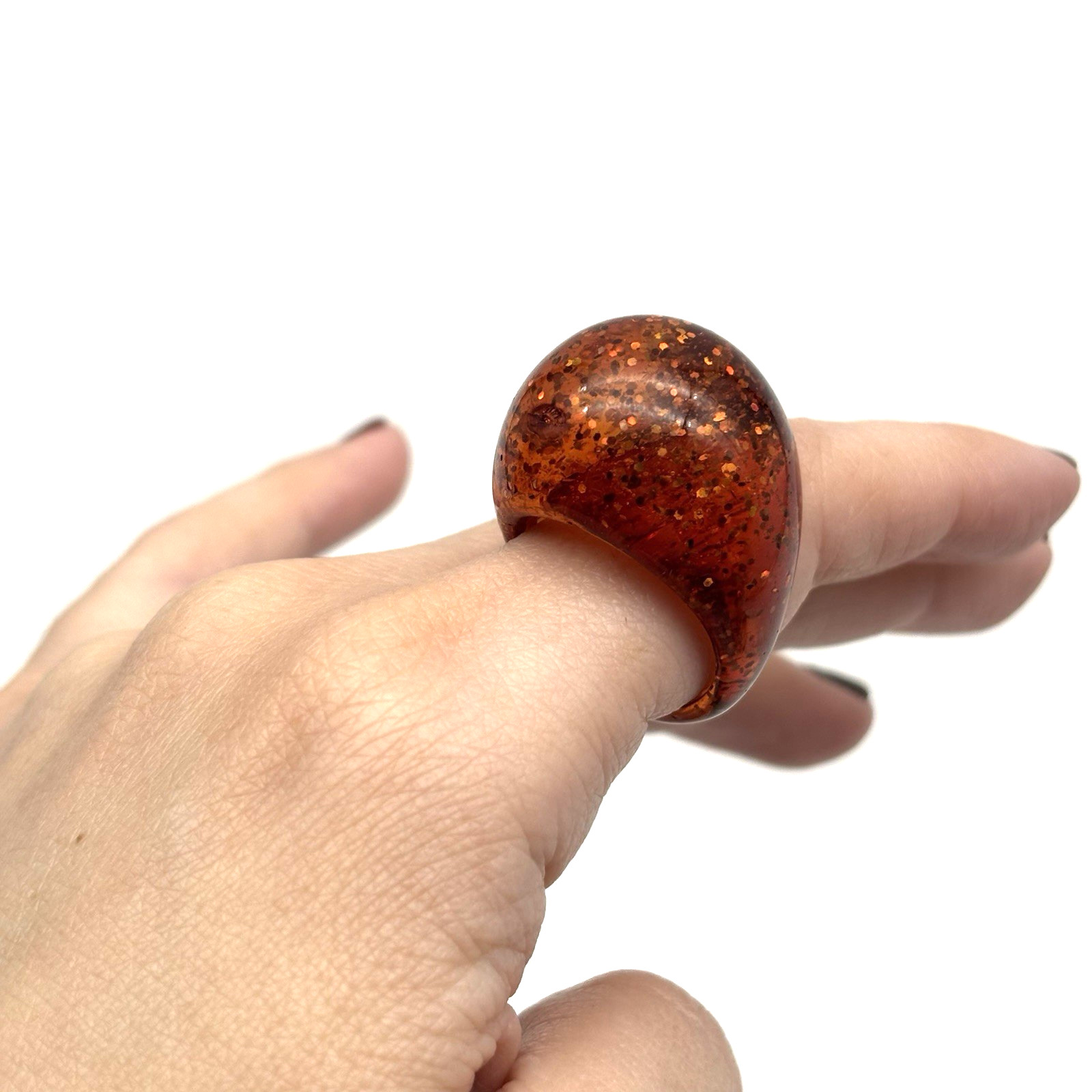 Vintage 1960s Amber Orange Acrylic Glittery Chunky Bubble Dome Ring Size 8.25