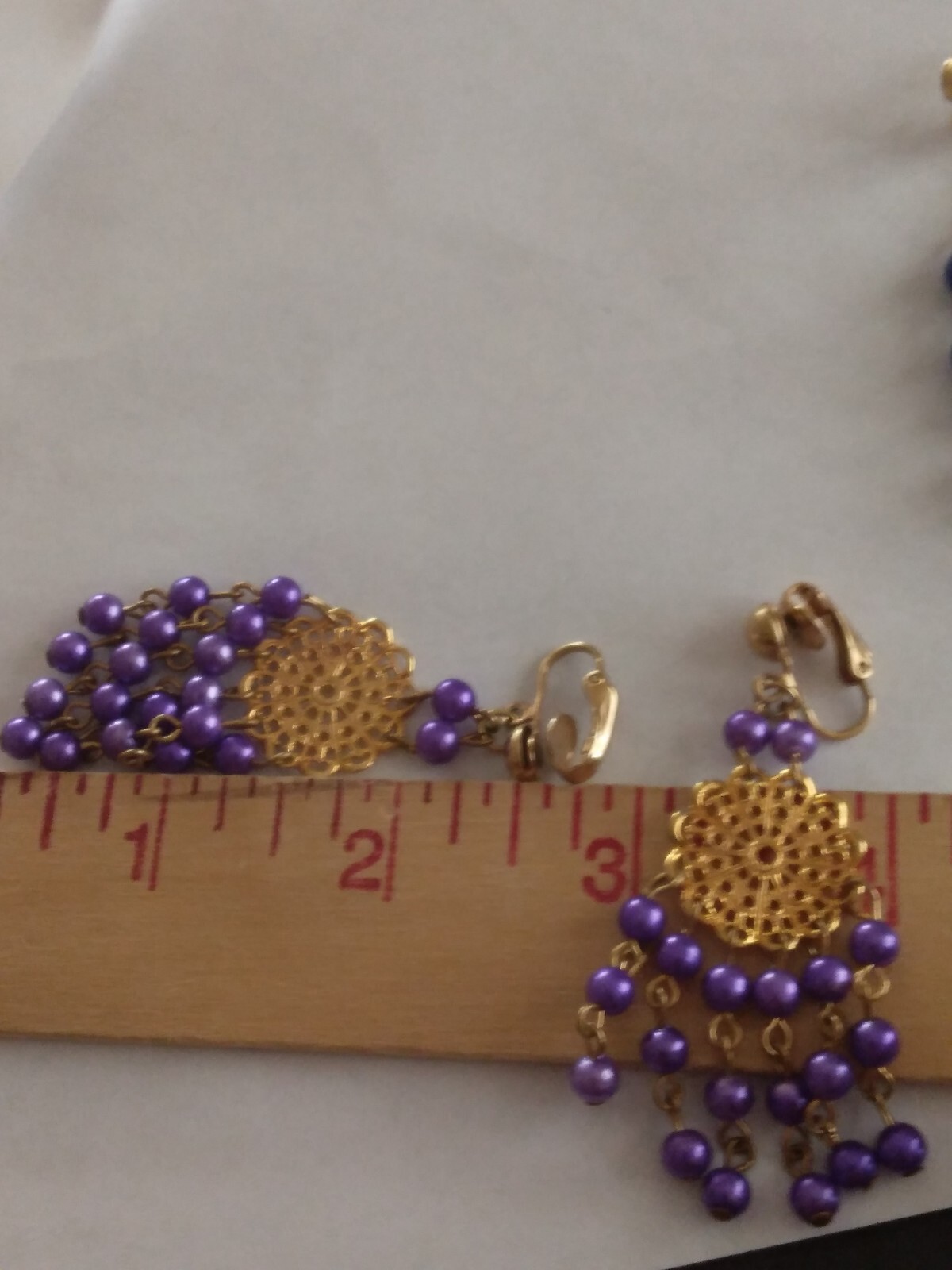 Vtg 2 Set Purple and Blue Gold Tone Chandelier Earrings