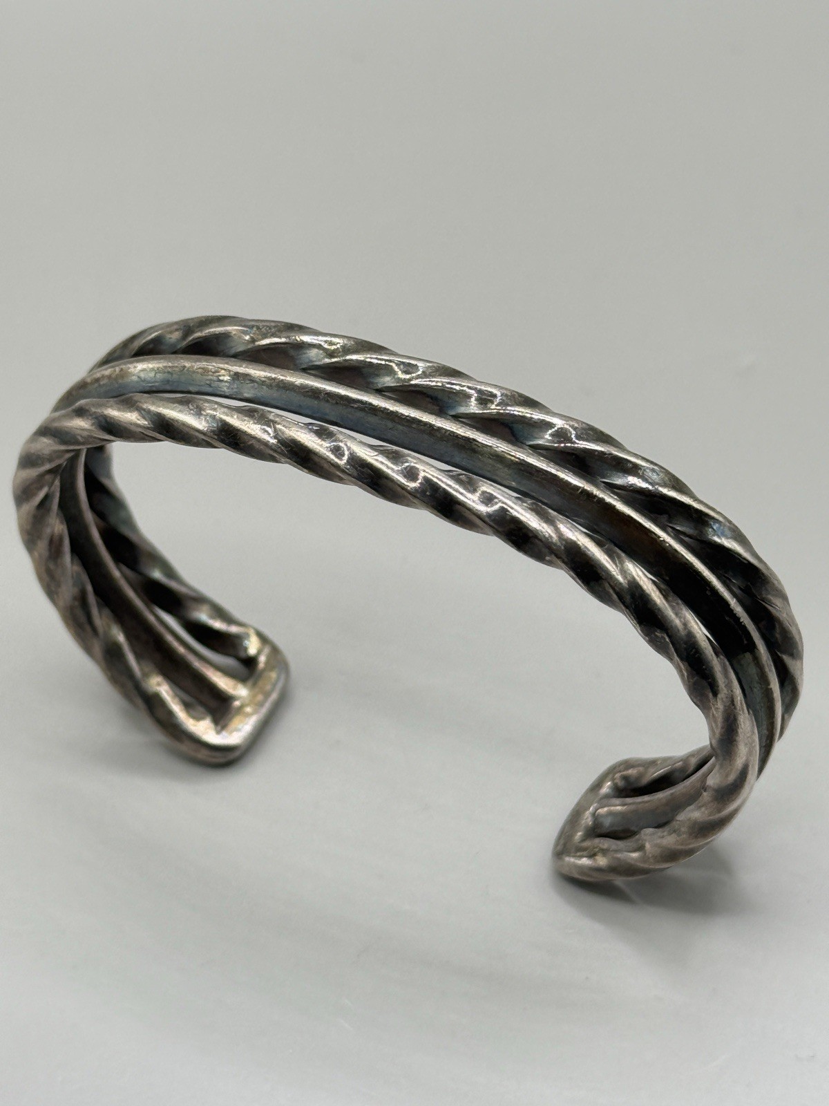 VTG Heavy Sterling Silver Twist Rope Cuff Bangle Bracelet Signed 44g Medium