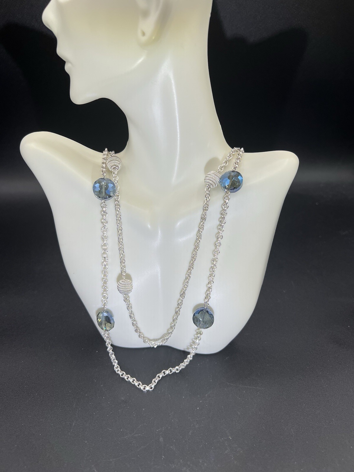 Vintage Monet, Silver Tone, Blue Aurora Borealis, 2 Strand Statement Necklace