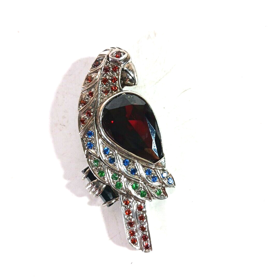 Parrot Figural Crystal Rhinestone Sterling Silver Necklace Pendant Colorful 2.75