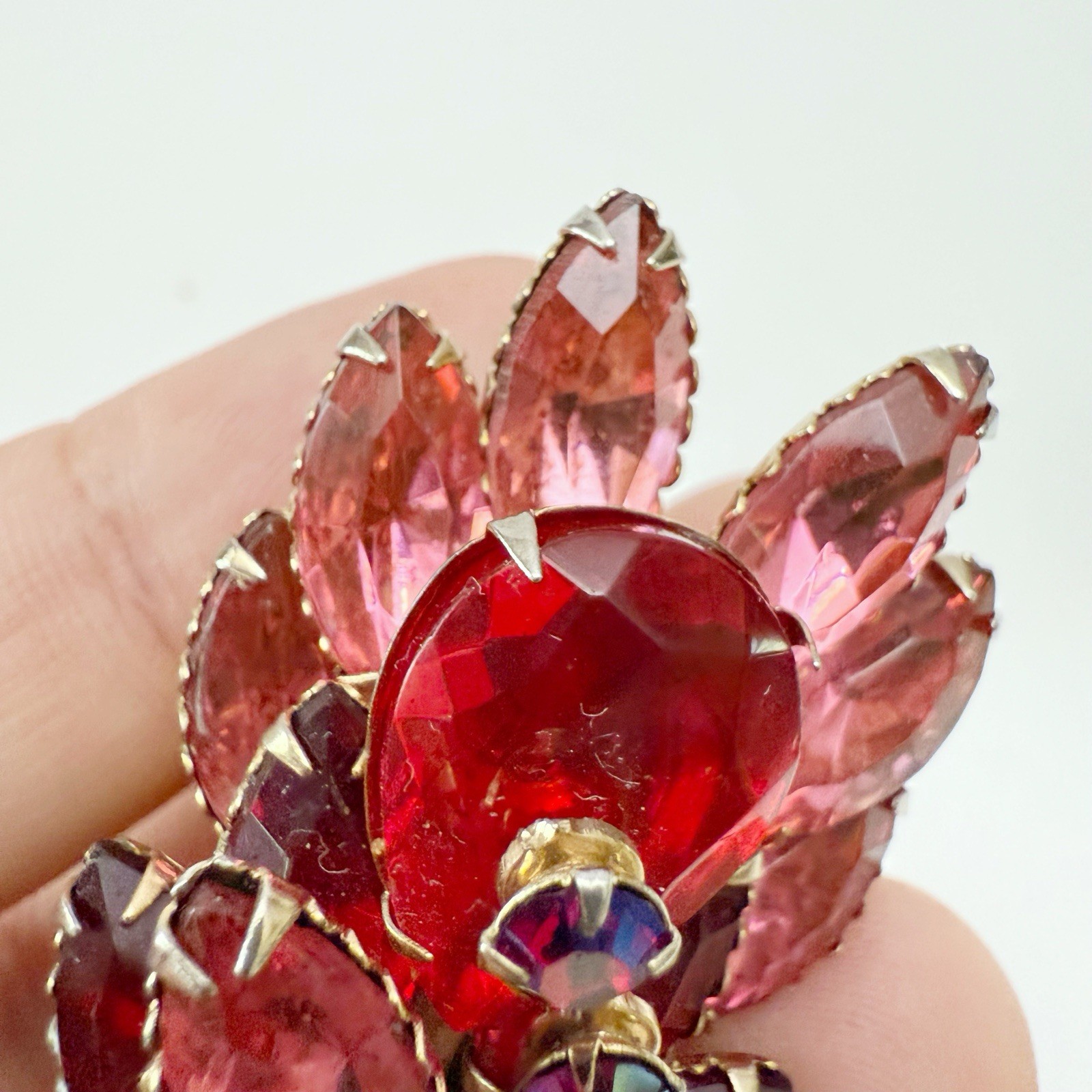 Vintage Red Pink AB Glass Rhinestone Flower Floral Spray Brooch Pin Goldtone