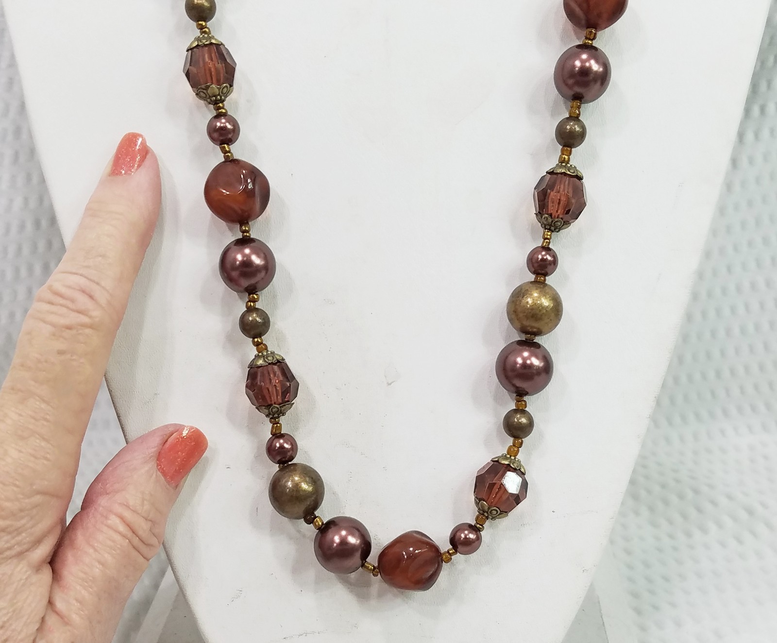 Vintage Brown Acrylic Crystal Cognac Geometric & Brass Tone Bead Long Necklace