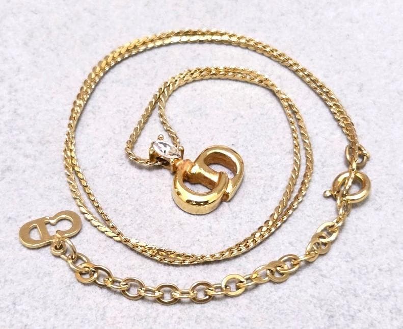 Christian Dior CD Logo Rhinestone Gold Necklace 45cm Vintage