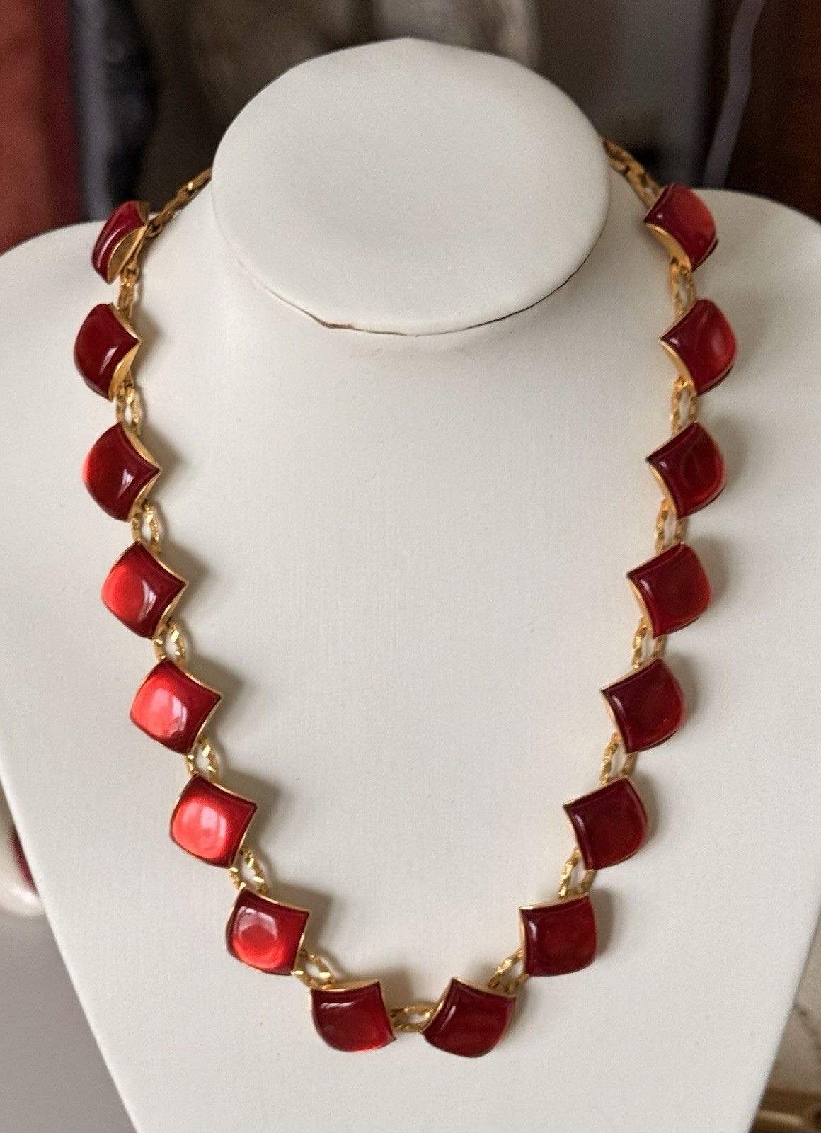 Vintage Fire Red Theromset Necklace Earrings and Brooch Set Gold Tone