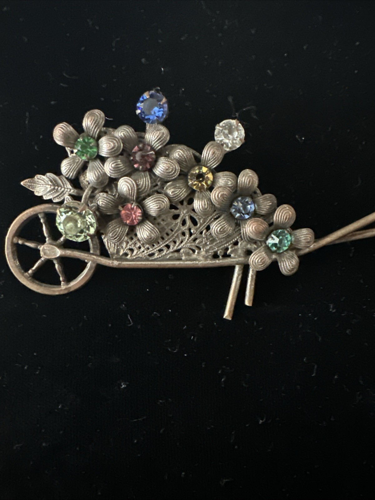 Vintage Wheelbarrow Pin Brooch Rhinestone Flowers Brass Filigree Garden Cart