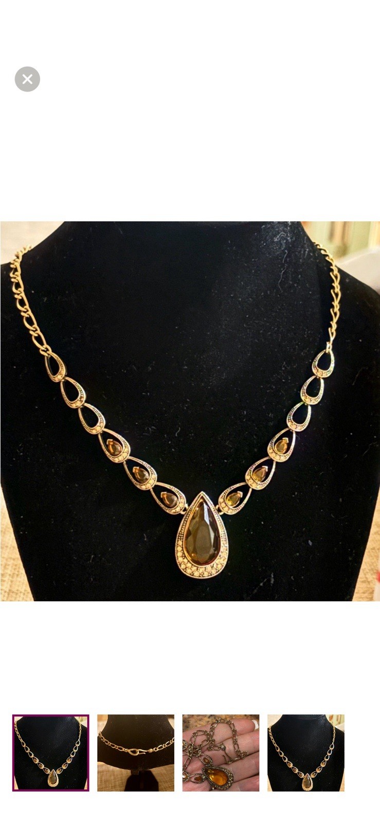 Monet Gold Tone Amber Color Faceted Glass & Rhinestones Teardrop Necklace