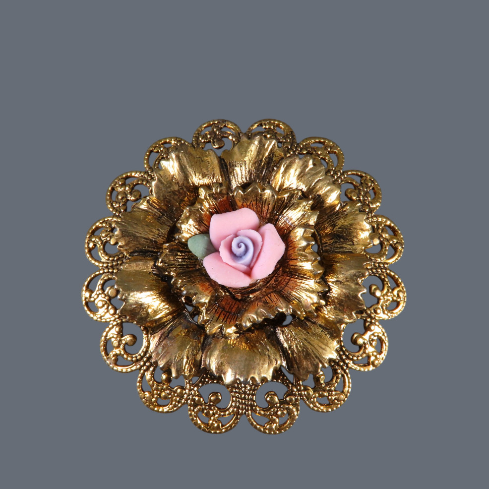 Vintage TACOA GOLD TONE BROOCH PIN Filigree Flower PINK PORCELAIN ROSE CENTER