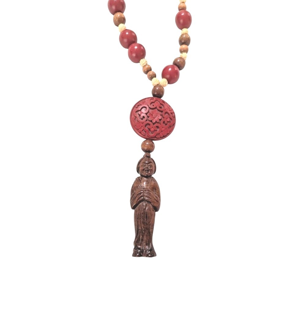 Vintage Rosewood Beads With Japanese Natsuke Figurine Necklace