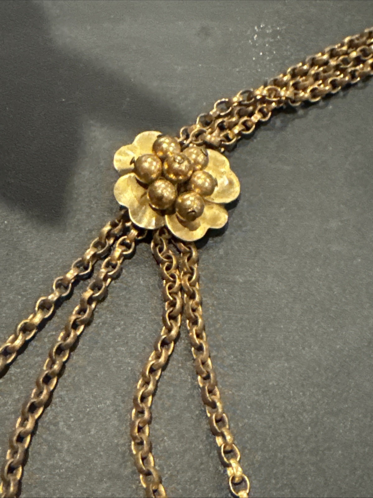 ANTIQUE VINTAGE FESTOON NECKLACE GOLDWASH BRASS FILIGREE ROSETTES DANGLES
