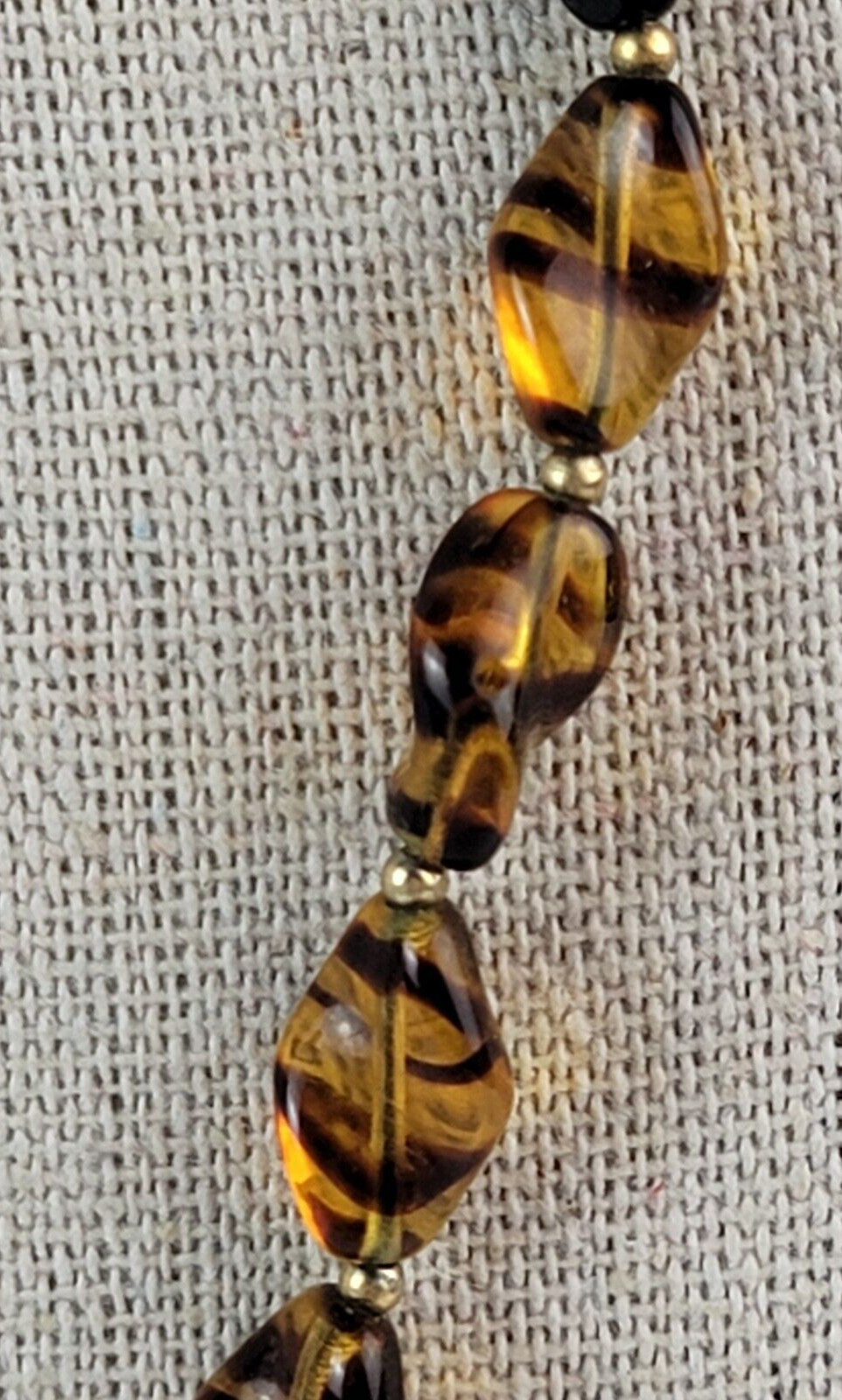 Vintage Faux Honey Amber Glass Beaded Necklace Gold Tone Fold Clasp 30 Inch