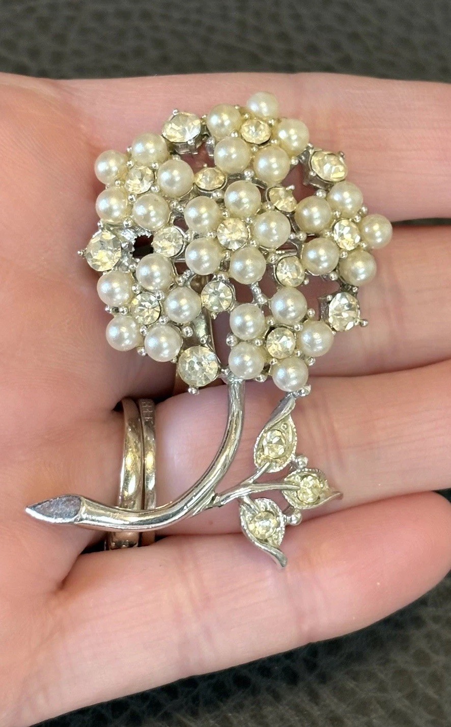 Unsigned Coro Faux Pearl Rhinestones Flower Brooch Vintage