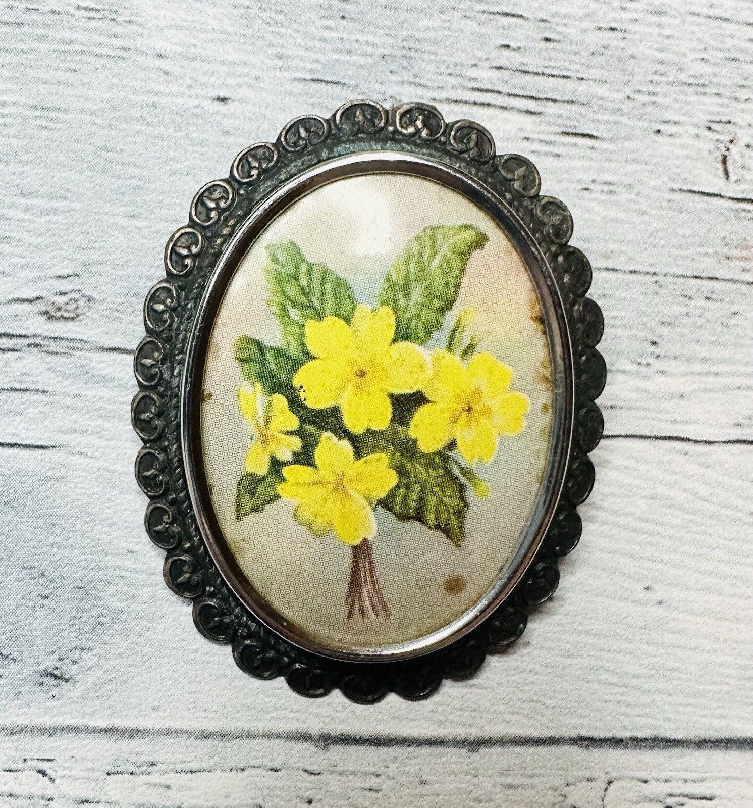 Vintage TLM Signed Yellow Floral Silver Toned Brooch
