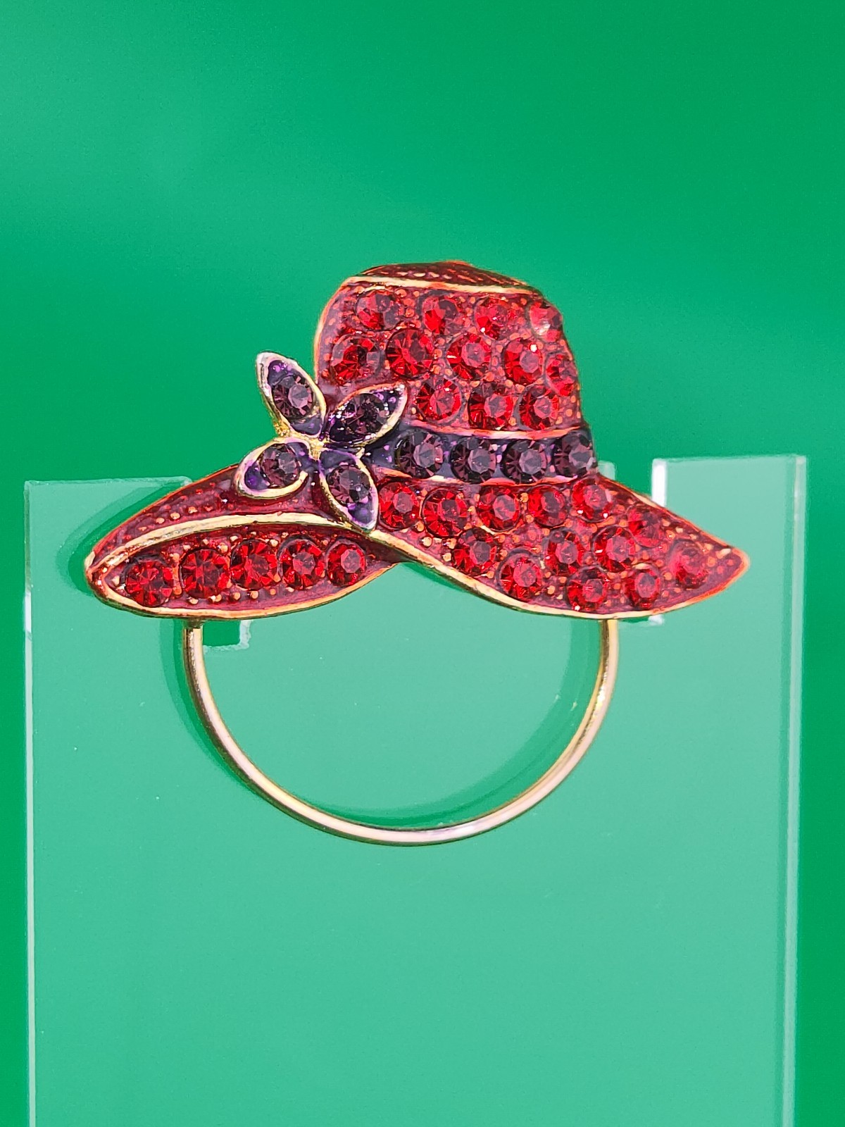 Red Hat Society Brooch Eyeglass Holder Lapel Vest Pin With Red & Purple Stones
