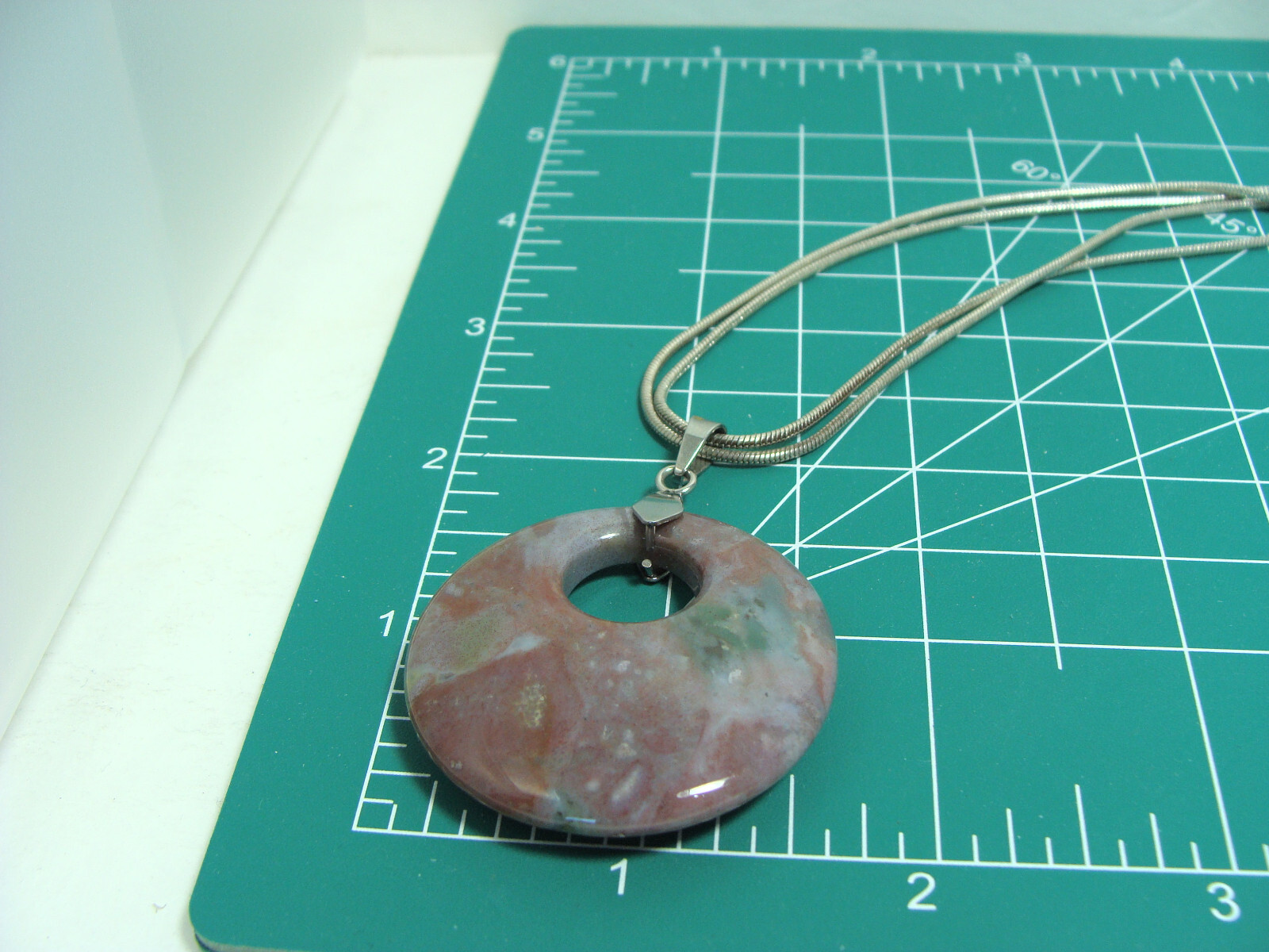 AC Double Strand Silver Tone Chain Round Disk Quartz Stone Boho Pendant Necklace