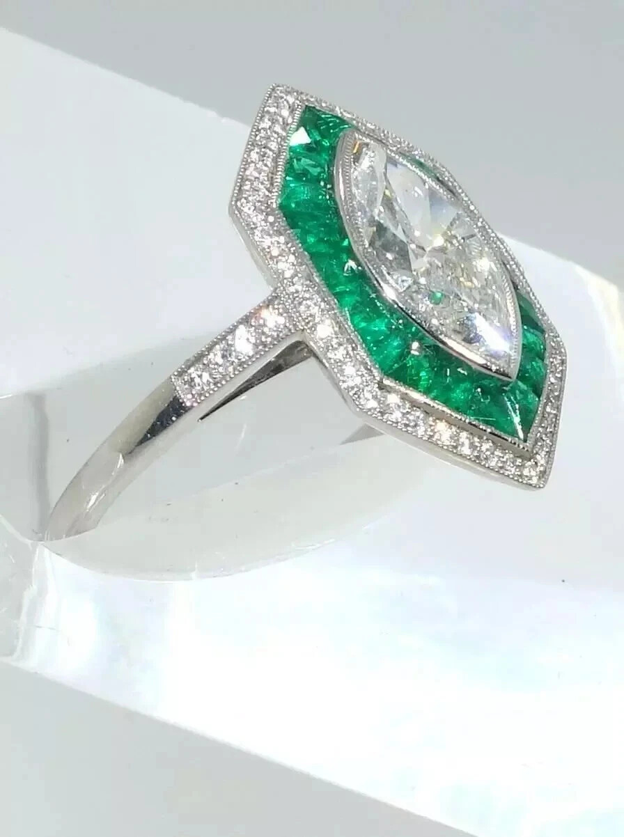 Art Deco Vintage Style Marquise Lab Created Diamond Emerald Wedding Silver Ring
