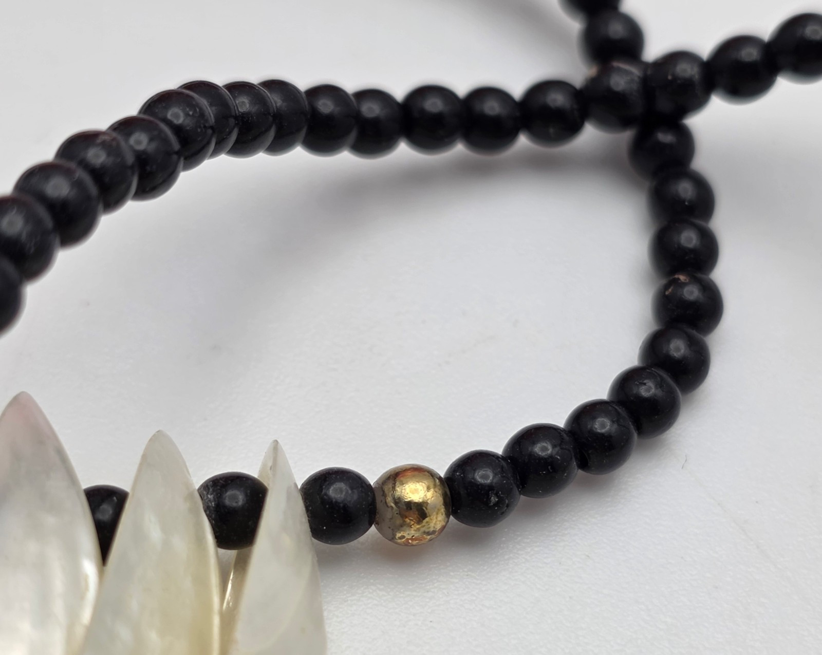 Vintage Mother Of Pearl Shell Fringe Bib Necklace Black Bead Tribal Boho 25″