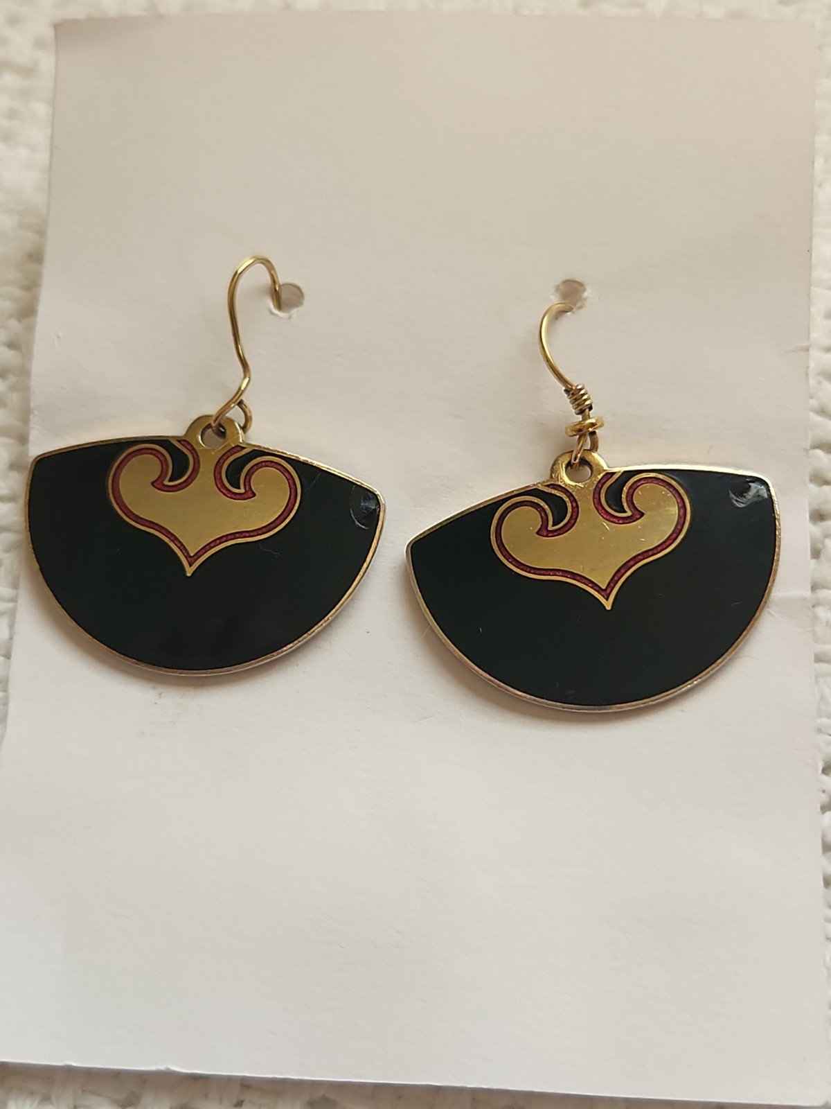 1980s Laurel Burch Deco Fan Earrings Black/Red/Gold Tone Hook