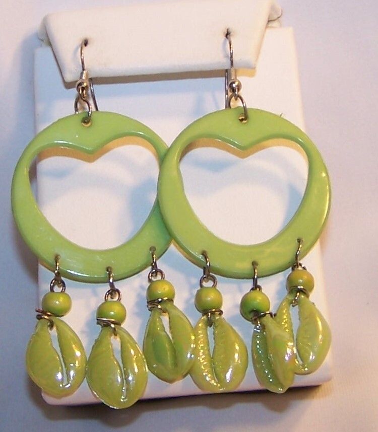 Vintage Plastic Earrings with Dangle Faux Shells-Lot of 2-Lime Green, Pink