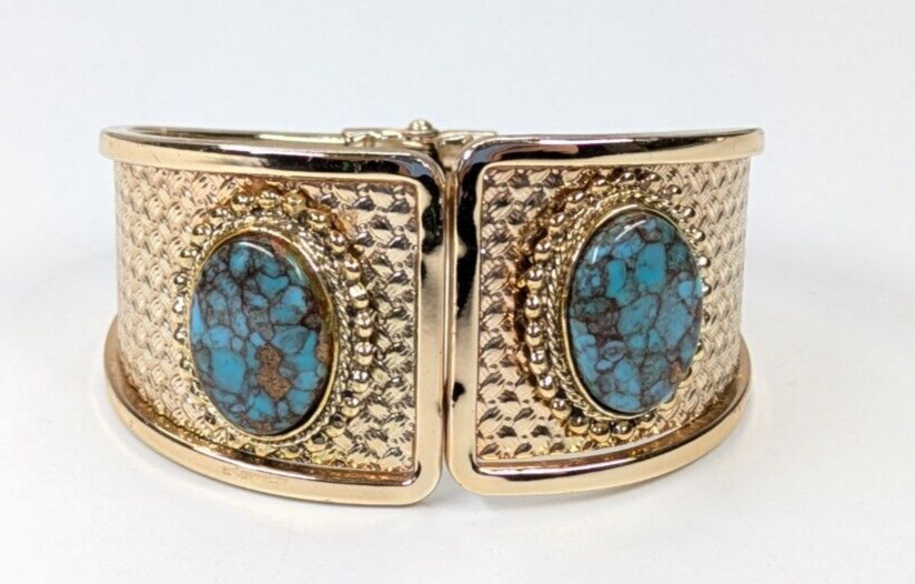 Vintage Faux Turquoise Cabochon Patterned Gold Tone Hinged Clamper Bracelet