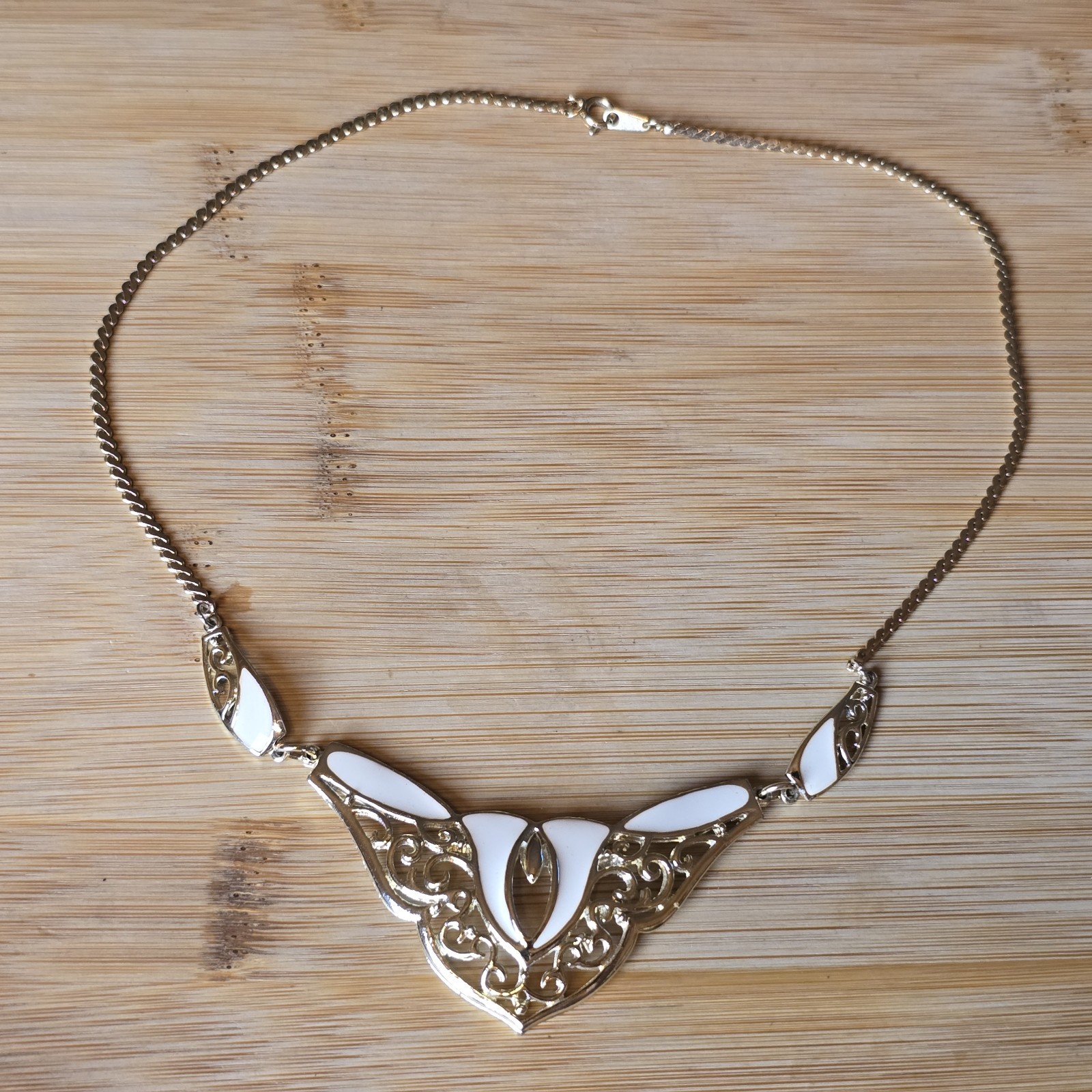 Vintage DeMilo Ivory Enamel Filigree Bib Necklace Statement Collar Art Nouveau