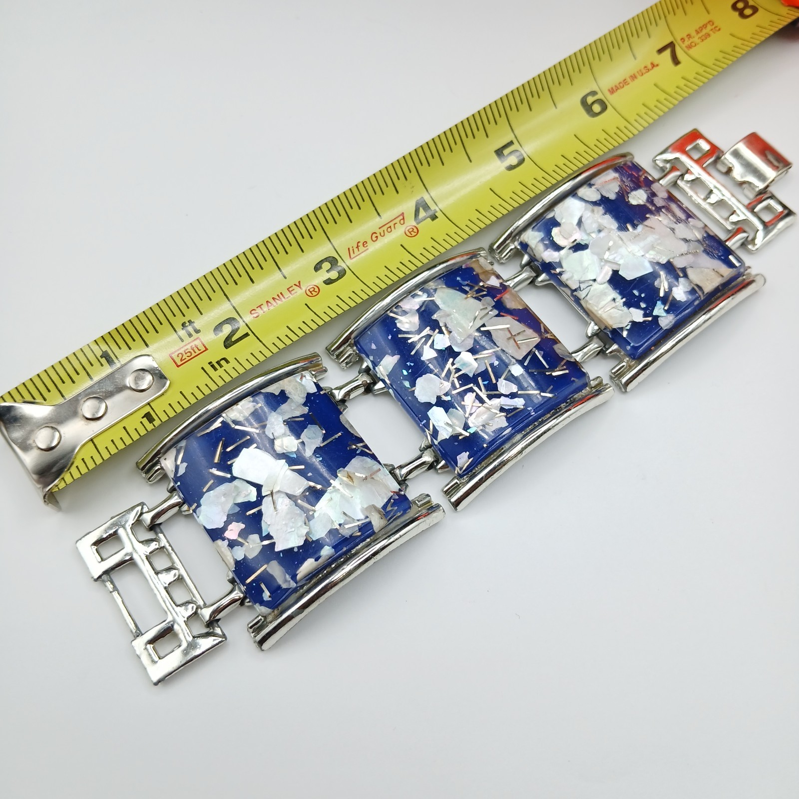 Vintage Lucite Blue White Glitter Confetti Chunky Silver Tone Square Bracelet