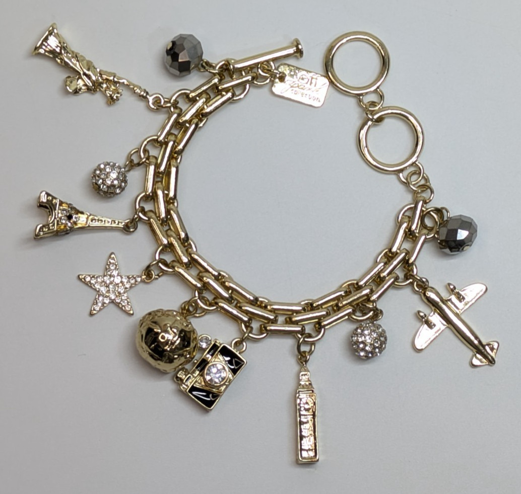 VTG Off Park Collection Gold Tone Travel Charm Bracelet Eiffel Tower Camera 8-9″