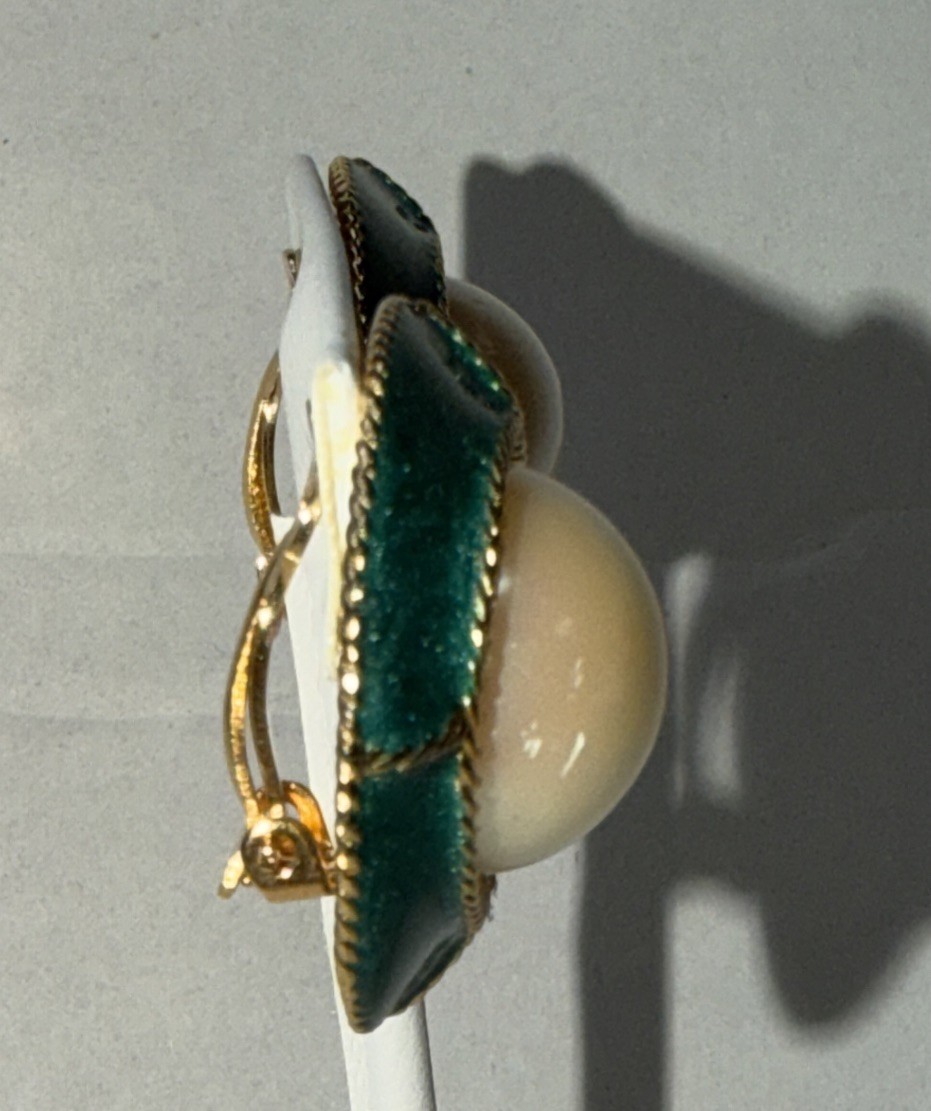 Vintage Gay Boyer Green Enamel Faux Pearl Gold Accent Clip-On Earrings