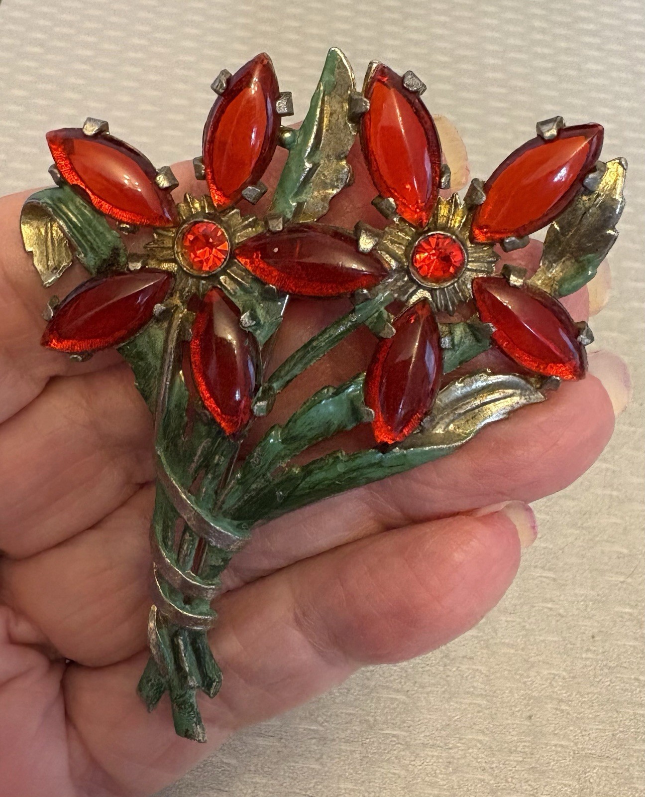 Vintage Enamel Flower Brooch Red Lucite Rhinestone Poinsettia Bouquet 3″ Xmas