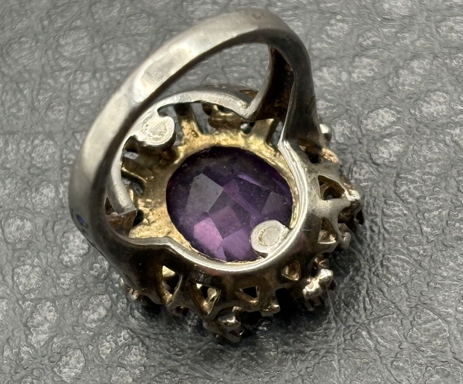 Vintage Huge Purple Sapphire Sterling Silver Blue Enamel Cocktail Ring Size 5.5