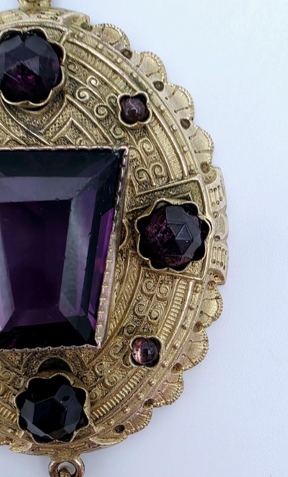 Antique Austro Hungarian Floral Filigree Lace Pendant Necklace Purple Glass