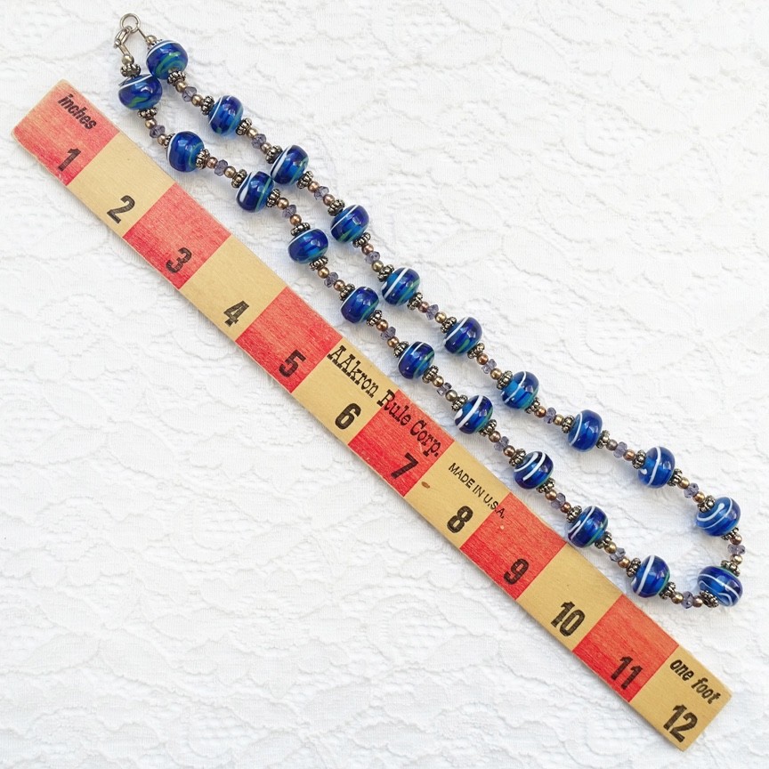 Artisan Lampwork Blue Art Glass Bead Necklace 23” Purple Green White Stripe 23″