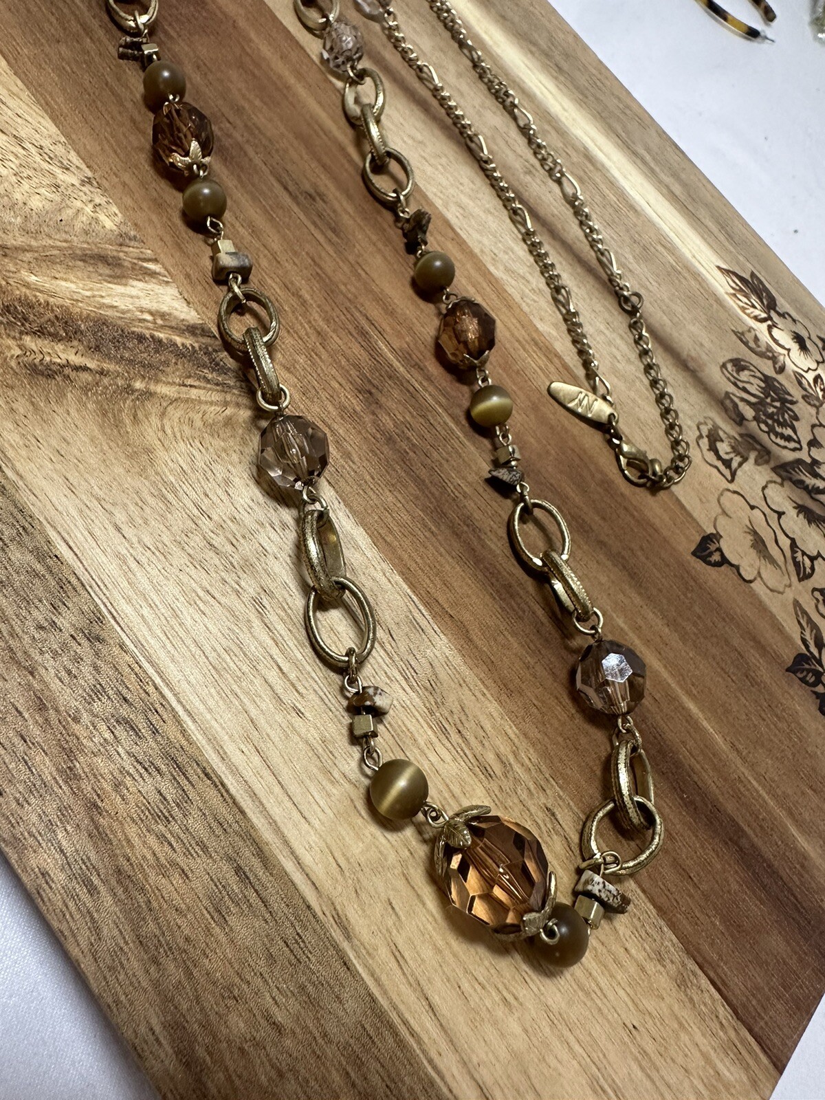 Vtg Autumn Amber Color Gold Tone Resin Metal Round Oval Beaded Necklace Jewelry