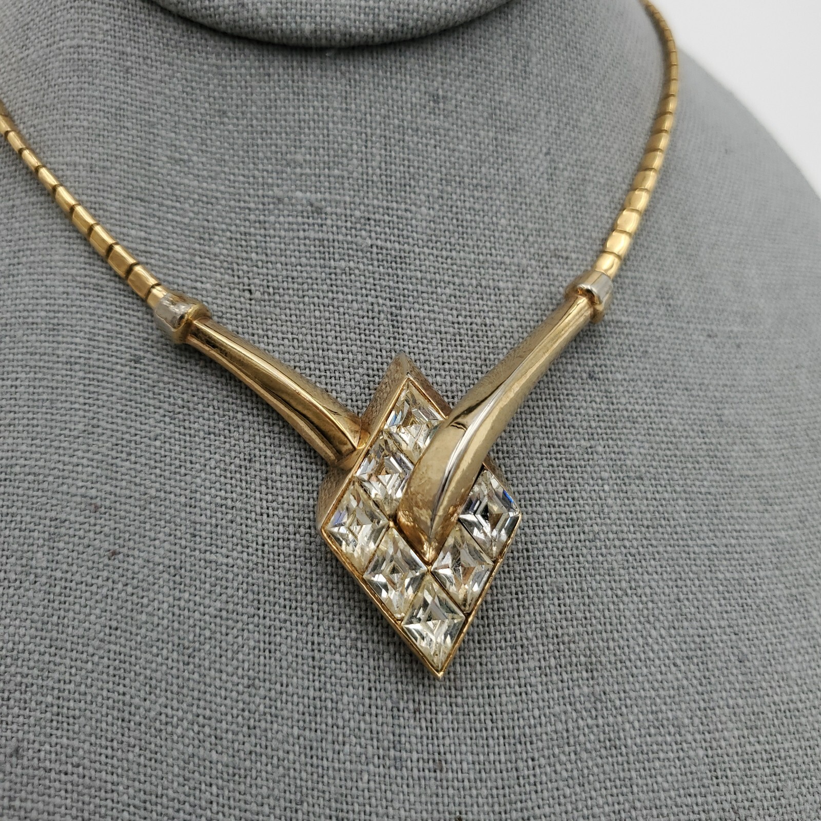 Trifari Alfred Philippe Gold Necklace Clear Rhinestone Lozenge Choker Channel