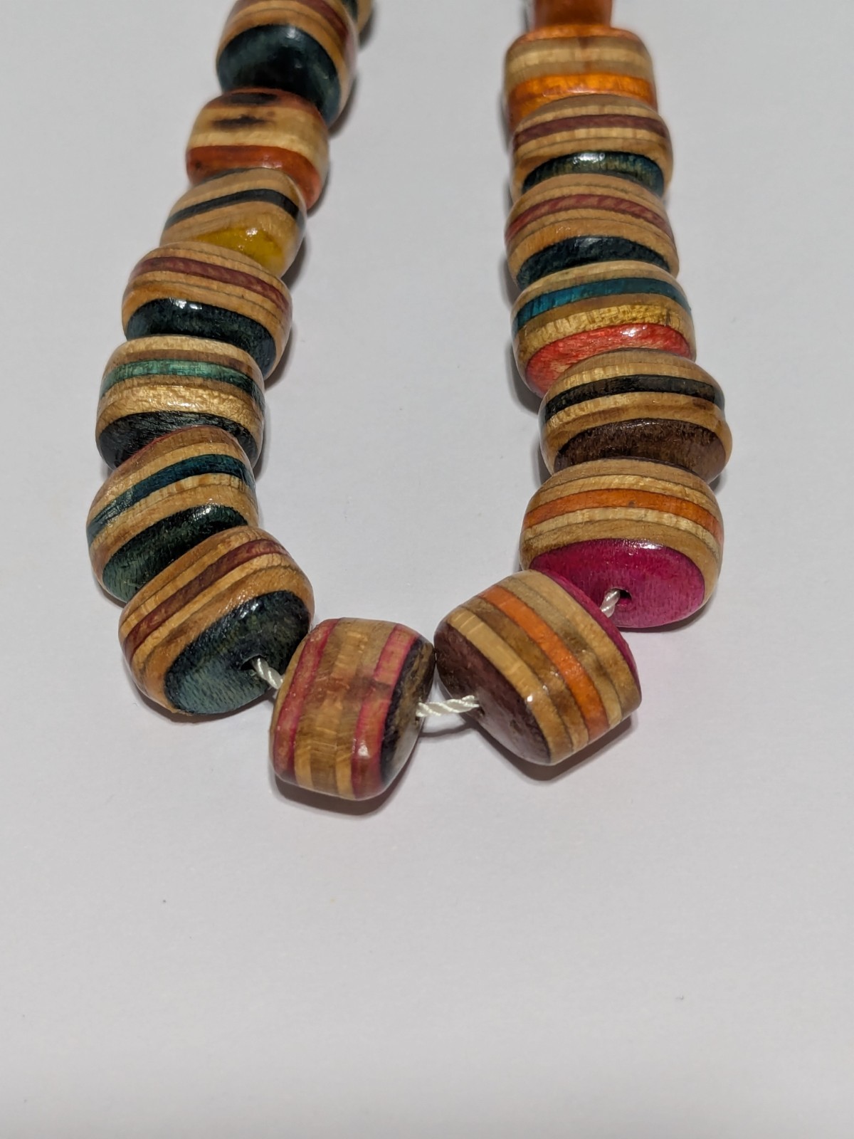 Vintage Multicolor Wood Bead Handmade Necklace. Silver Tone End Caps. 21″ BOHO
