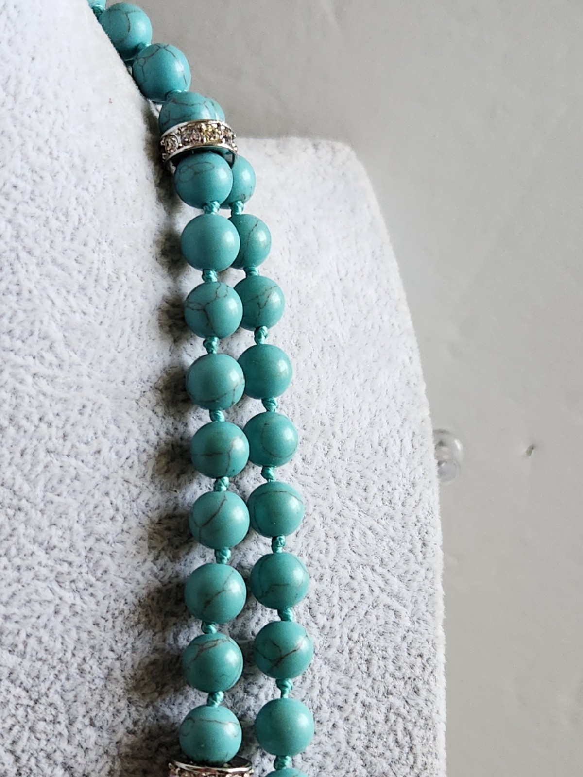 Vintage Genuine Turquoise Pave Rhines Hand Knot Necklace 50″ Mag Adjust 16 + 34