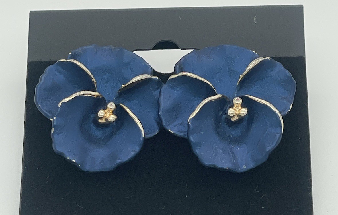 Signed CB Ceramic Violet Flower Stud Earrings Hand Painted Matte Blue Gold
