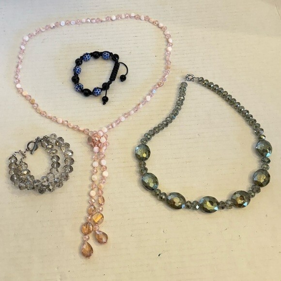 Lot of 4 Vintage Clear Crystal Cut Faceted Glass Bead Necklaces & Bracelets Set