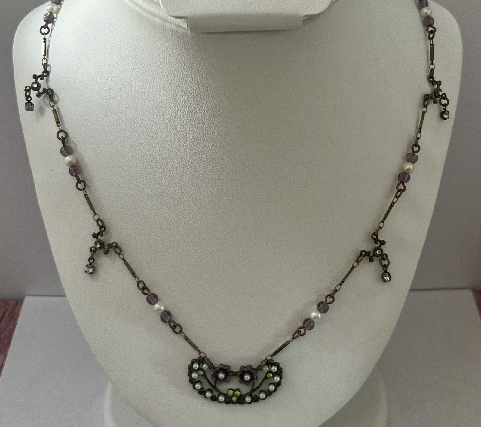 Glass Works Studio Signed Necklace Vintage Hang Tag Flowers Enamel Faux Pearl