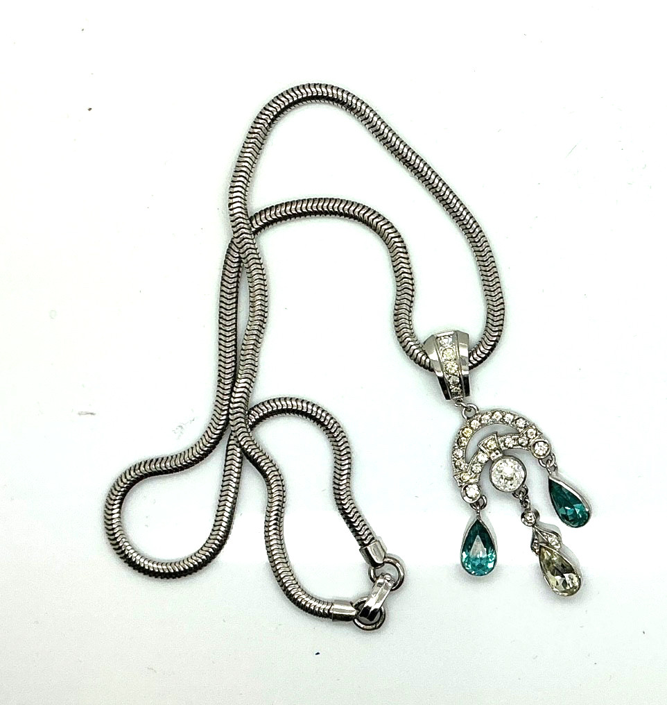 GORGEOUS Edwardian Sterling Silver Blue Crystal Pendant Drop Necklace 16″ Long