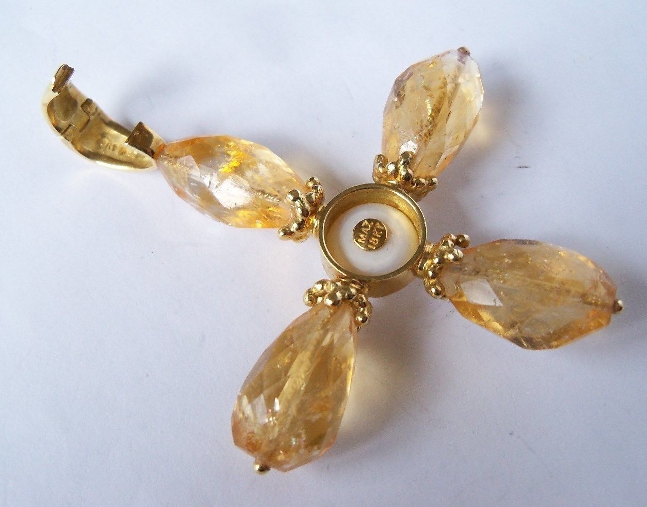 Vintage Mazza MAZ 18k Gold Citrine Pearl Cross Pendant Large Signed 21.4g