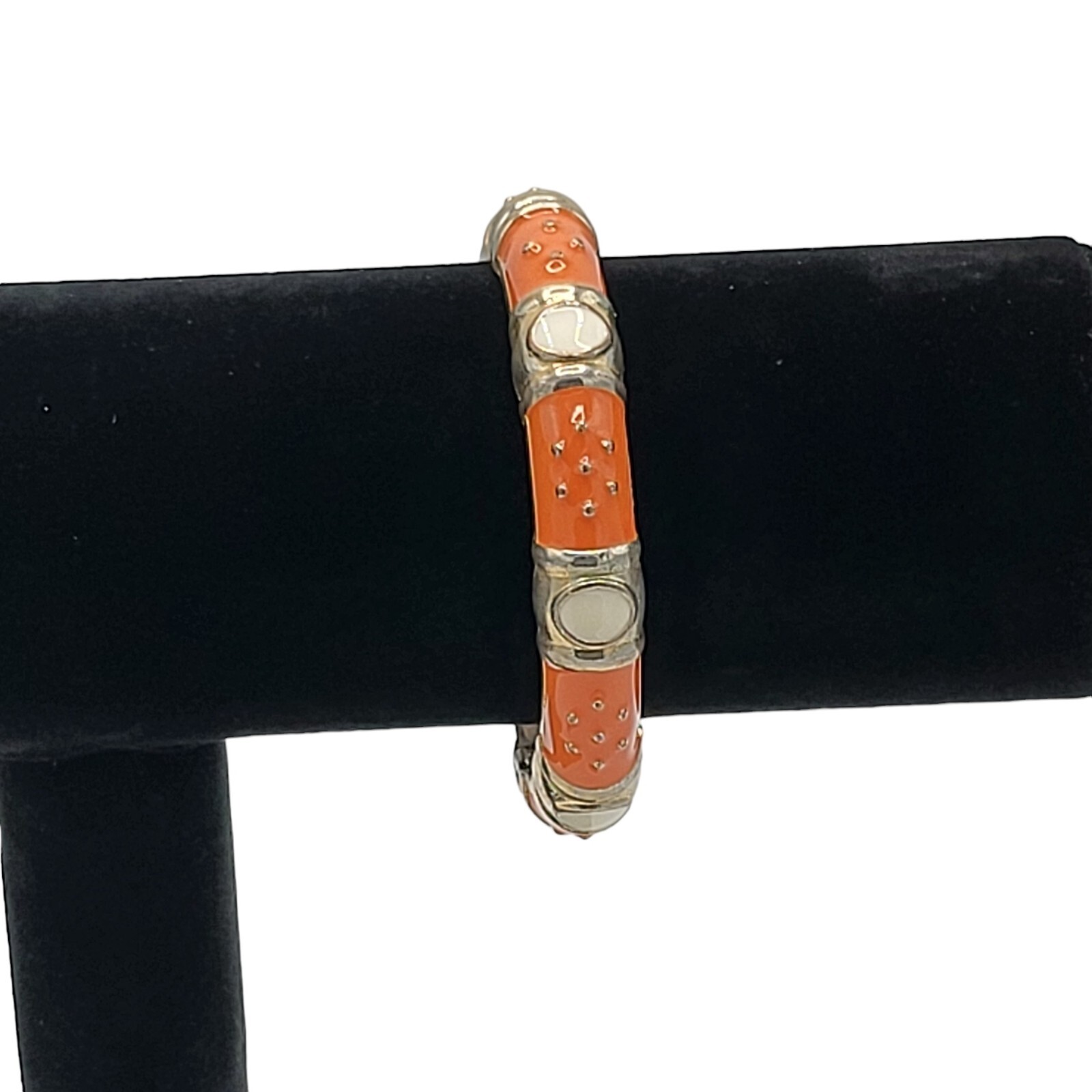 Fornash Bracelet Hinged Magnetic Clamp Enamel Signed Gold Tone Orange Cream