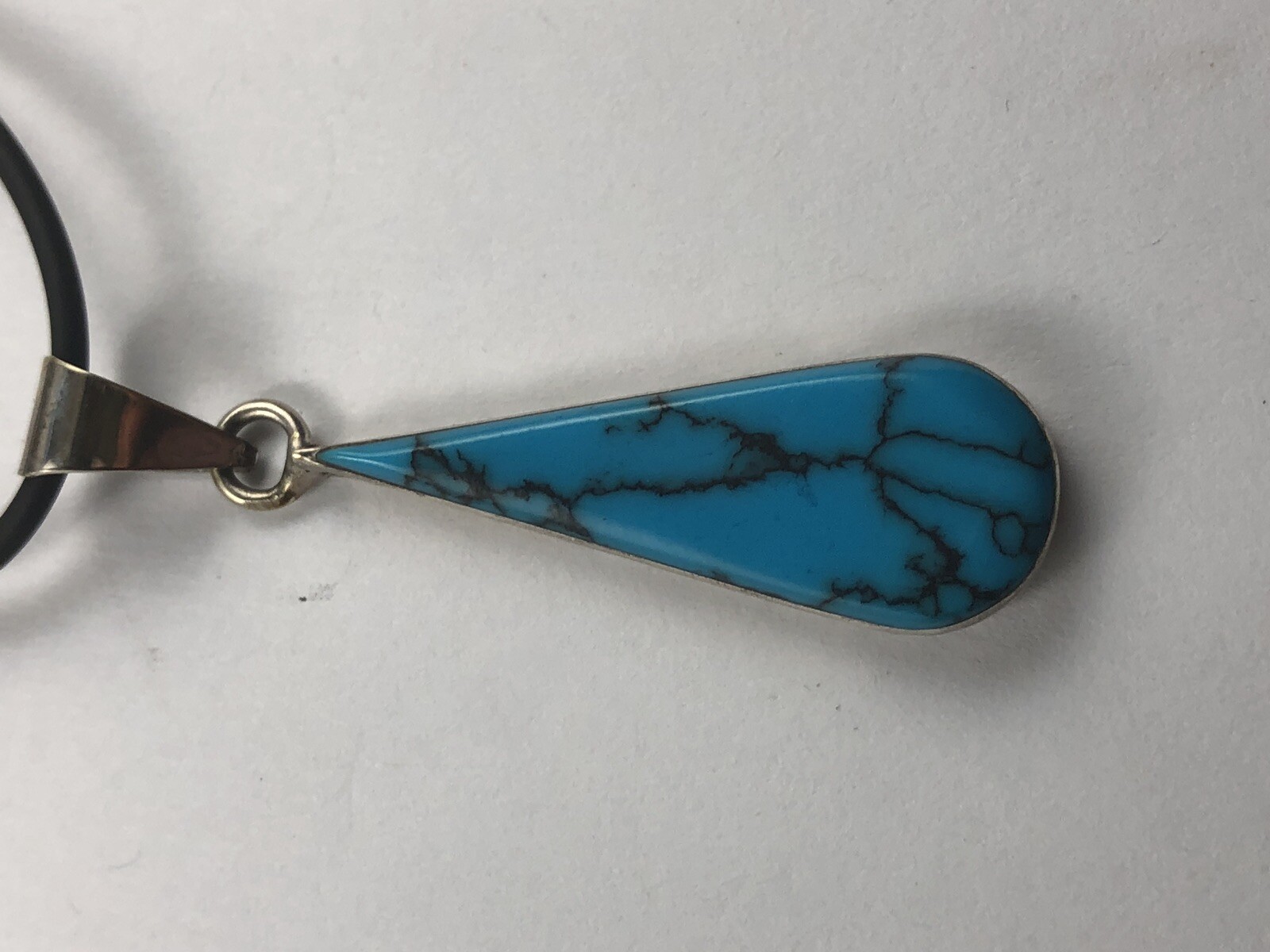 Vintage Sterling Silvet Turqouse Drop Necklace Rubber Choker