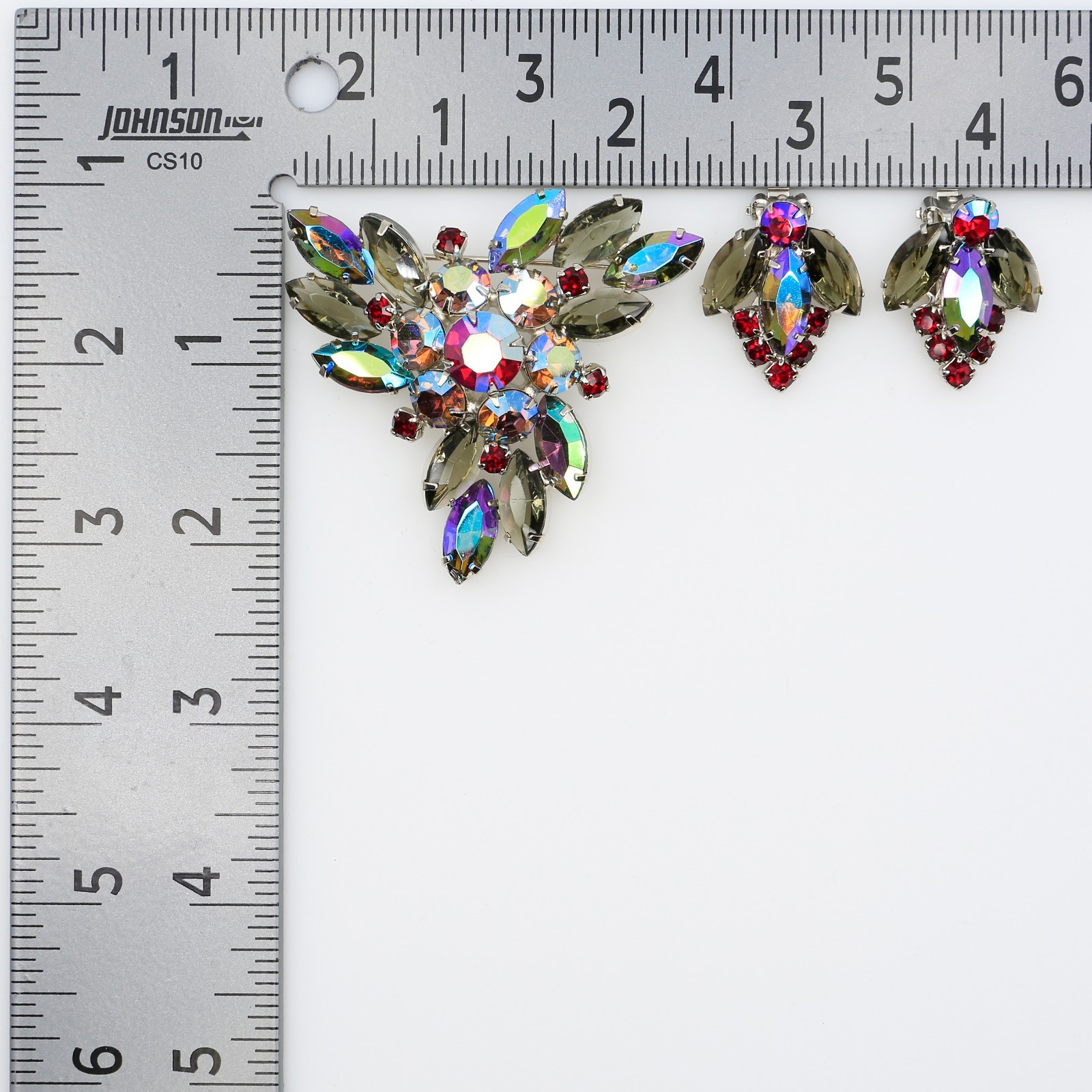 Vintage Smoky Gray Red AB Rhinestone Brooch and Clip-On Earrings Set 1950s