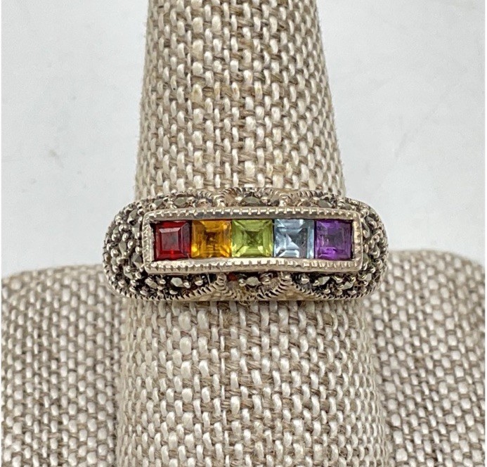 925Sterling Silver Multigemstone Marcasite Vintage Tennis Bracelet And Ring Set