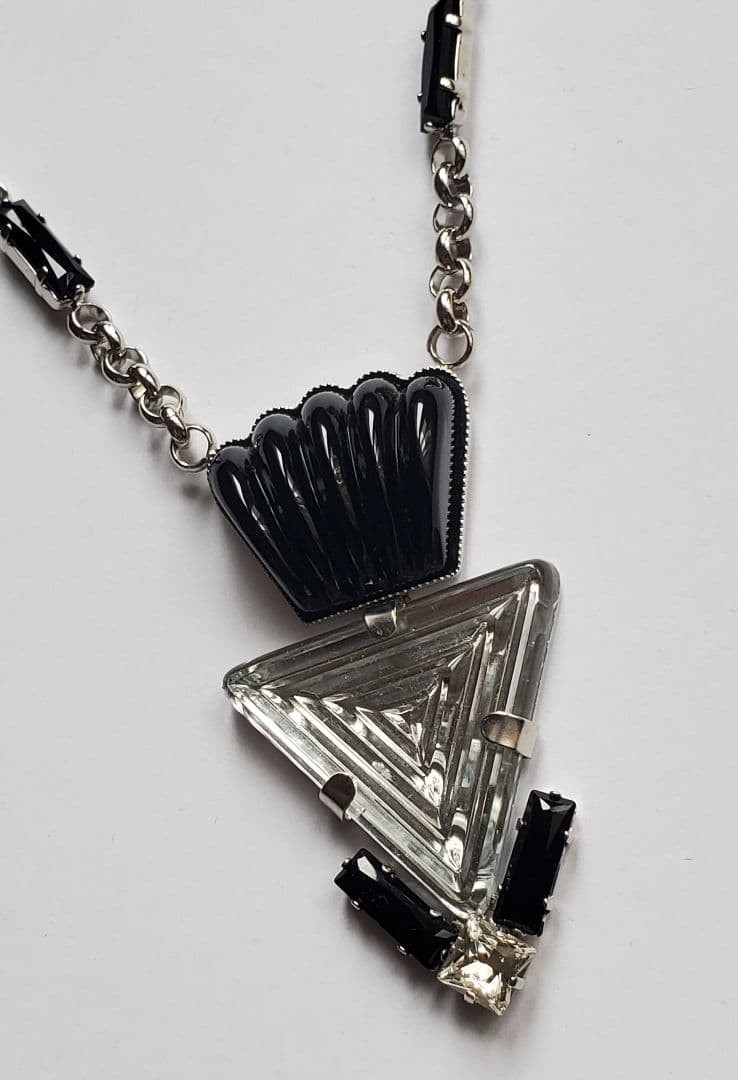 Philippe Ferrandis Necklace Pendant Art Deco Triangle Clear Black H-45cm